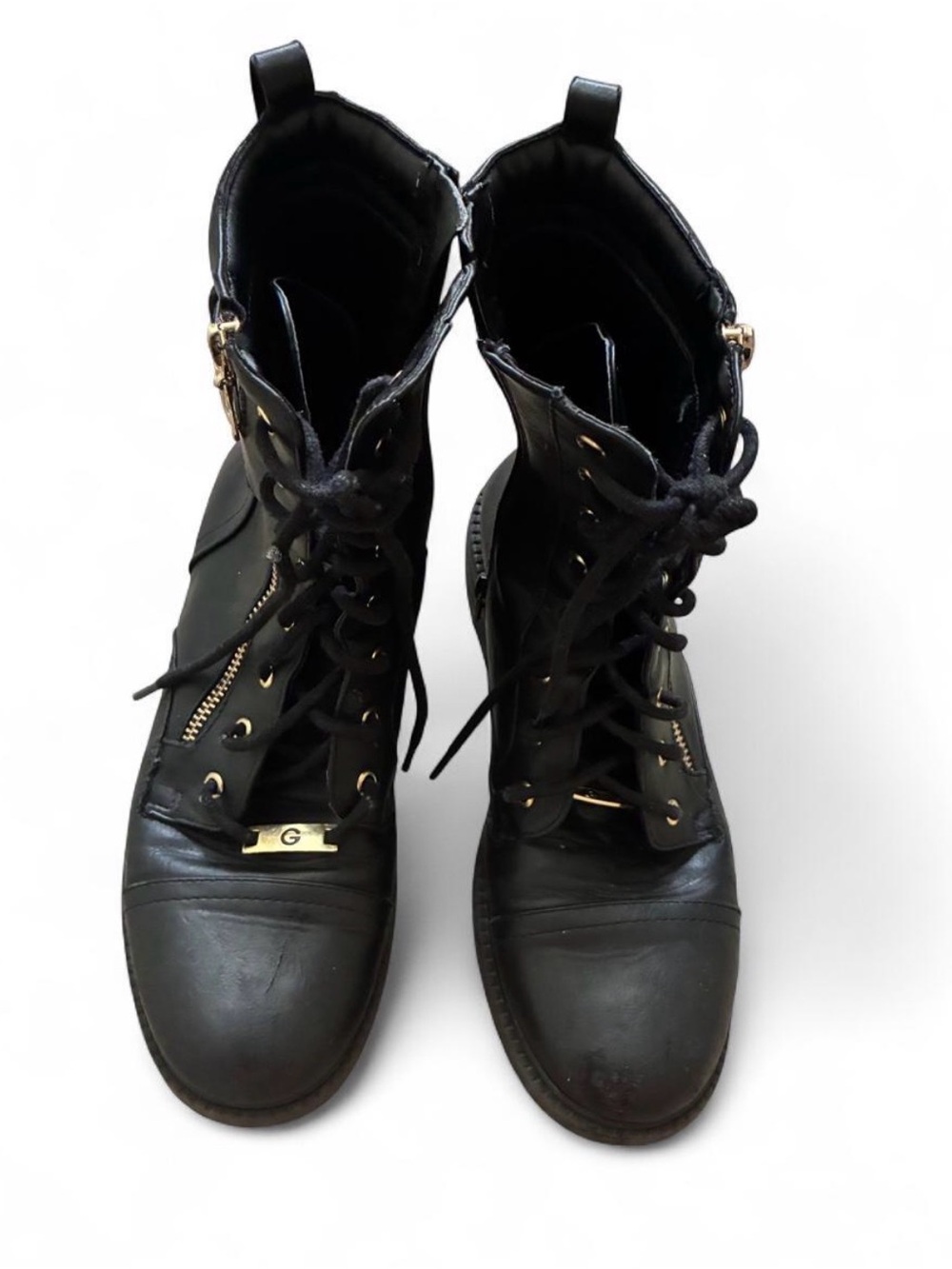 Black Lace-Up Combat Boots with Side Zip - Women size 8.5